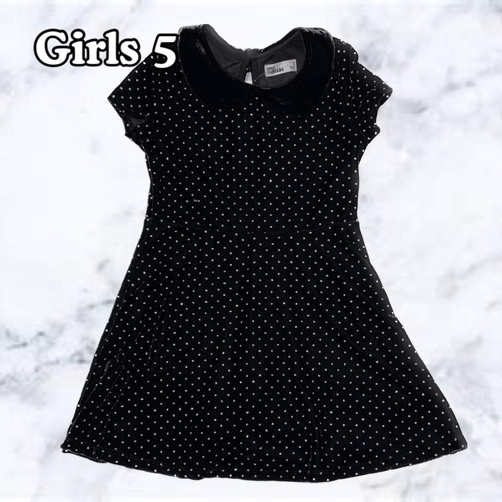 NWT Epic Threads Black Short-Sleeve Collared Velvet Dress w/ Polka Dots, Girls 5